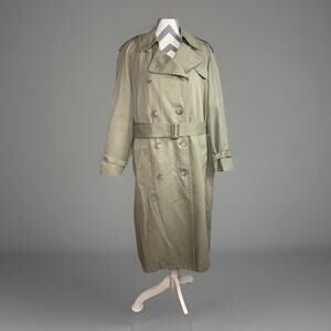 London Fog Green Beige Belted Plaid Trench Coat Sz 14